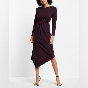 EXPRESS Long Sleeve Cutout Ruched Asymmetrical Hem Midi Dress Size M
